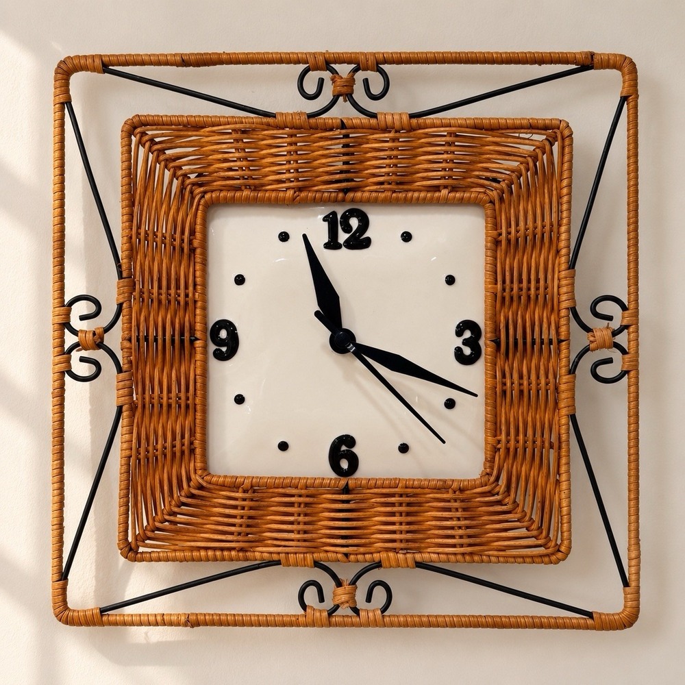 Princess House Wicker Rattan Wall Clock Ceramic Face Black Metal Cottage Decor